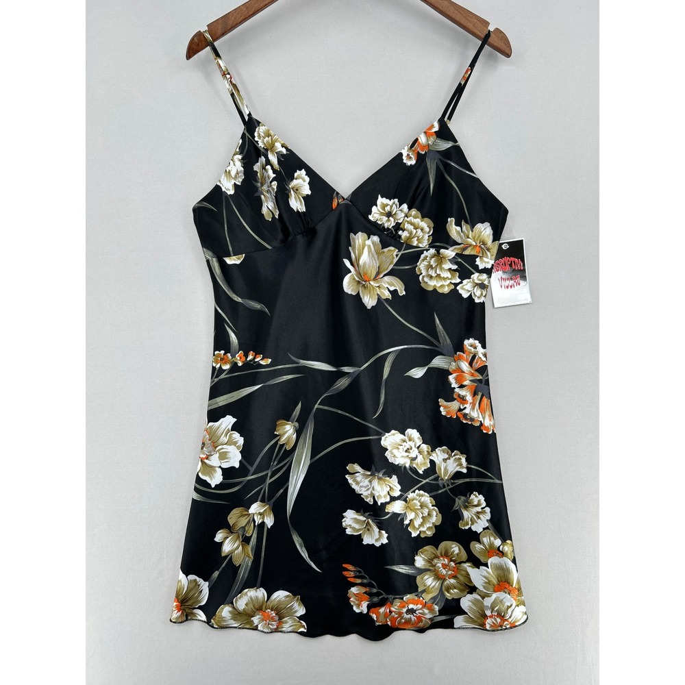 Black Floral Satin Slip Dress V-Neck Adjustable Straps Womens Medium - Picture 2 of 16